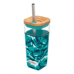 Quokka Liquid Cube - Kubek szklany 540 ml ze słomką ze stali nierdzewnej (Water Flowers)